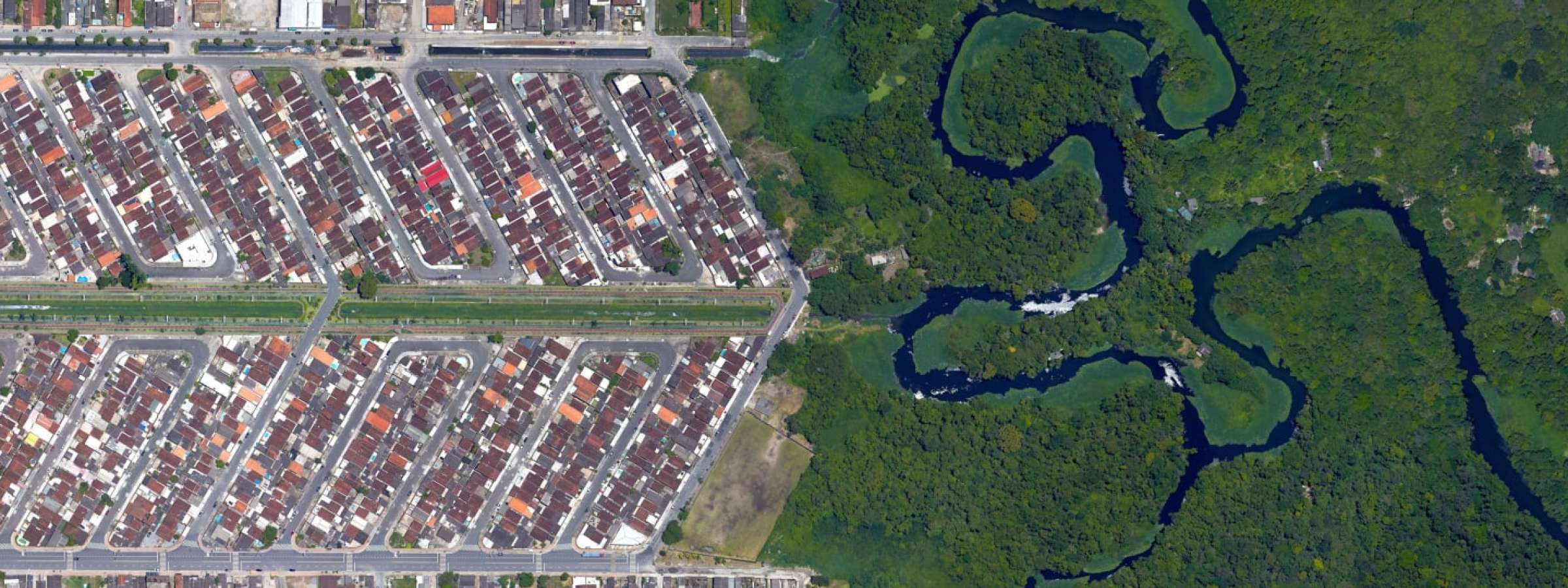 Aerial view of forest and city border Vila Caiçara, Praia Grande - Sao Paulo, Brazil 